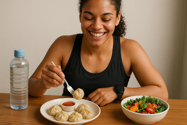 steamed veg momo enjoying
